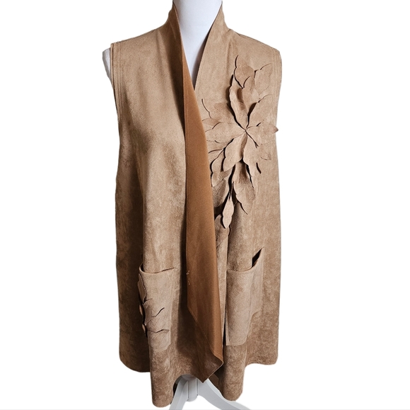 Brown Faux Suede Open Front Drape Vest Sz L Floral Boho Western Cowgirl Festival - Picture 2 of 15
